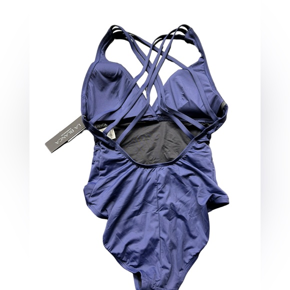 LA BLANCA SWIM women’s navy blue  one piece cross back swimsuit w tummy control - Picture 4 of 6